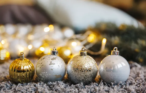 White, decoration, holiday, balls, new year, gold