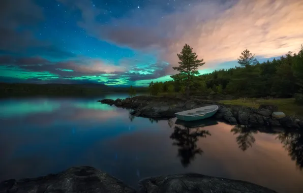 Landscape, nature, lake, reflection, stones, dawn, boat, Ole Henrik Skjelstad