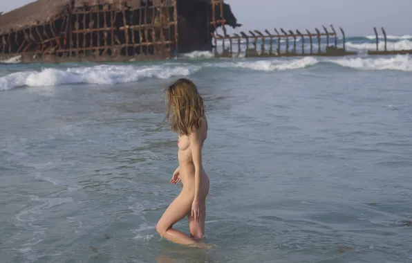 Wet, ocean, breast, water, nude, brunette, erotic, naked