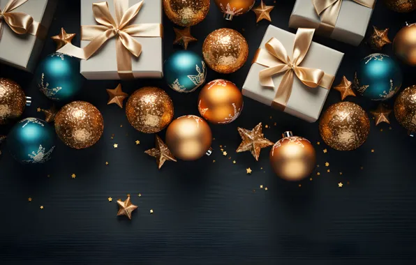 Decoration, the dark background, balls, New Year, Christmas, dark, gifts, golden