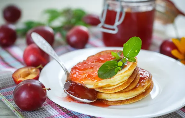 Picture Breakfast, plate, mint, jam, drain, pancakes
