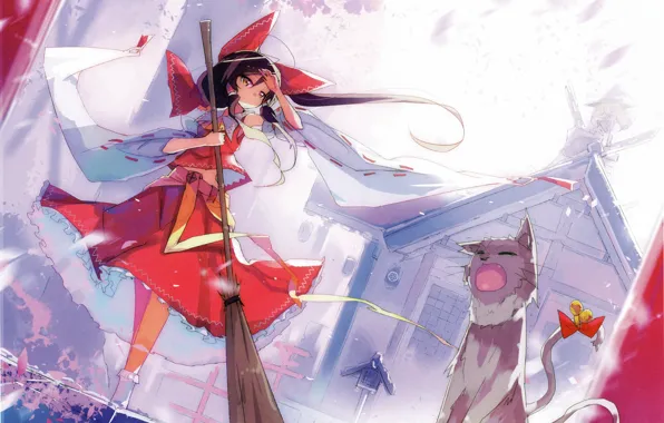 Cat, leaves, the wind, temple, broom, touhou, art, Hakurei Reimu