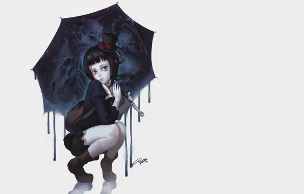 Girl, Gothic, figure, skull, umbrella, anime, art, skeleton