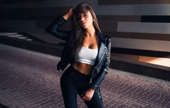 Picture girl, pose, model, makeup, figure, jacket, hairstyle, brown hair