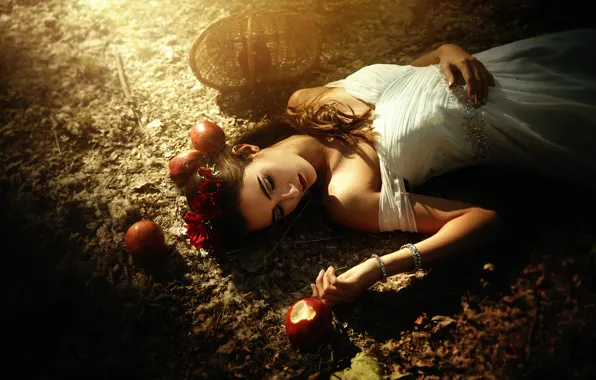 Picture girl, apples, Snow white, fairy tale