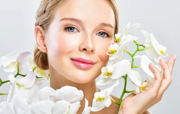 Picture girl, flowers, close-up, face, smile, background, makeup, hairstyle