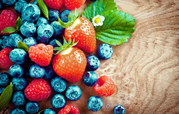 Berries, raspberry, blueberries, strawberry, wood, strawberry, blueberry, raspberry