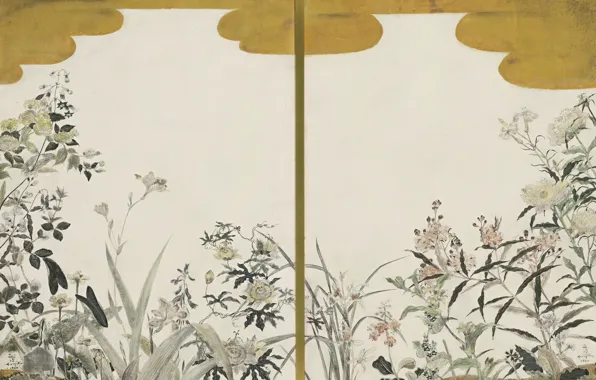 Picture 1940, Tsuguharu, Fujita, Flowers (two panels screens), oil and gold leaf