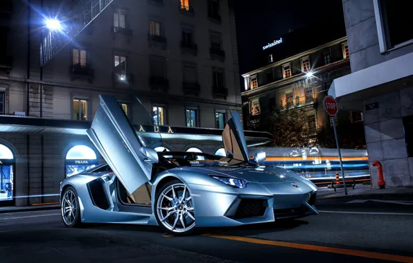 Picture Lamborghini, City, LP700-4, Aventador, Supercars, Road, Silver, Door