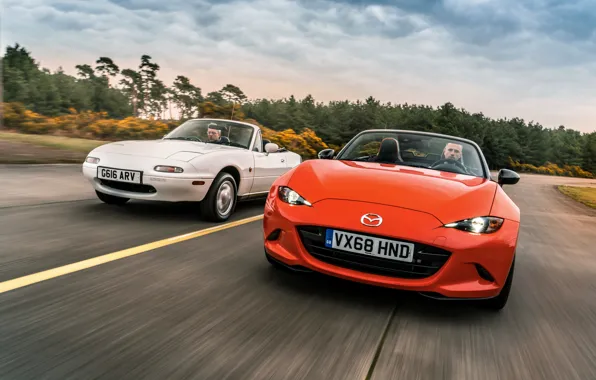 Picture white, orange, Mazda, MX-5, roadsters, the first generation (NA), fourth generation (ND)