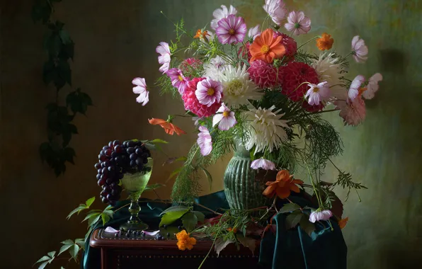 Picture flowers, berries, glass, grapes, bunch, fabric, vase, still life