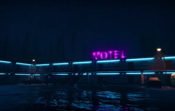 Night, rain, neon, Motel, Motel, Road 96