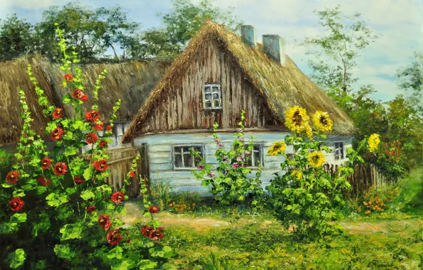 Picture greens, summer, flowers, house, village, village