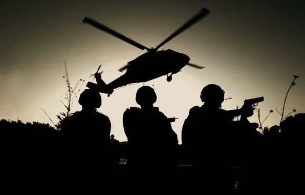 Picture helicopter, soldiers, silhouettes, special forces, landing, black hawk, THE MH-60K, night.