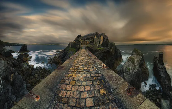 Sea, clouds, castle, rocks, shore, pierce, ruins