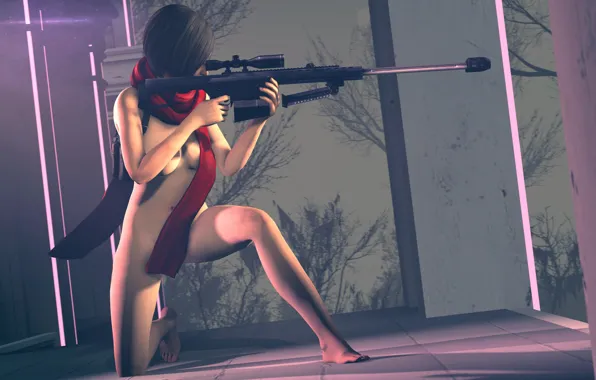 Chest, weapons, woman, naked, scarf, Resident Evil, sniper rifle, ada wong