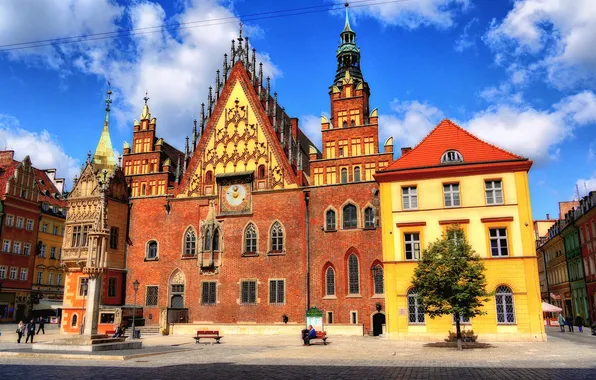 The sky, clouds, tree, watch, tower, home, Poland, Wroclaw