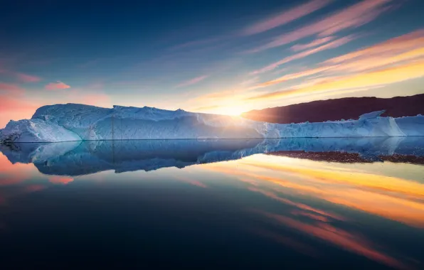 Picture sea, sunrise, dawn, iceberg, Greenland