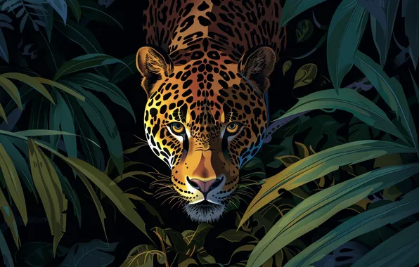 Picture Look, Leaves, Jaguar, Face, Predator, Digital art, Big cat, AI art