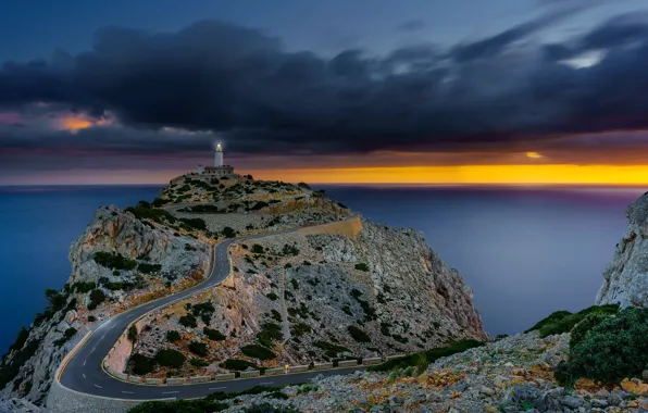 Picture road, sea, the sky, clouds, stones, rocks, dawn, coast