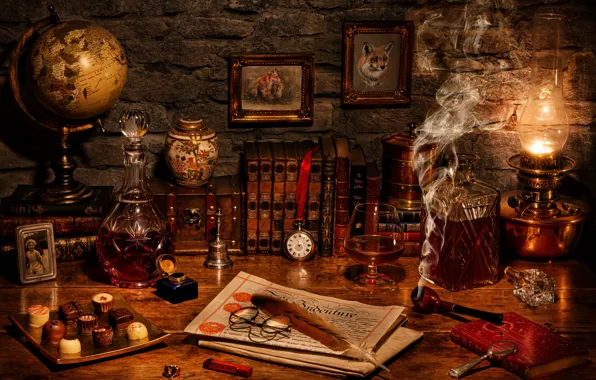 Picture style, pen, smoke, watch, glass, books, lamp, tube
