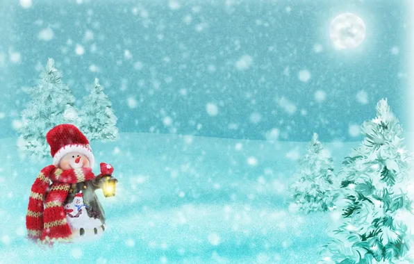 Winter, forest, light, snow, snowflakes, night, holiday, the moon