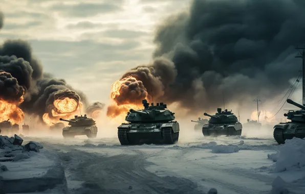 Picture Winter, Smoke, Snow, Fire, Tanks, Digital art, AI art, The Art of Artificial Intelligence