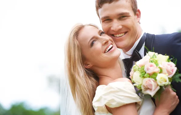 Picture girl, flowers, laughter, bouquet, blonde, guy, the bride, veil