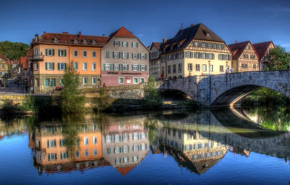 The sky, bridge, reflection, river, home, Germany, Schwäbisch Hall