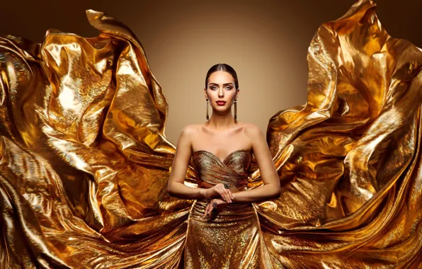 Picture look, girl, decoration, train, makeup, dress, gold
