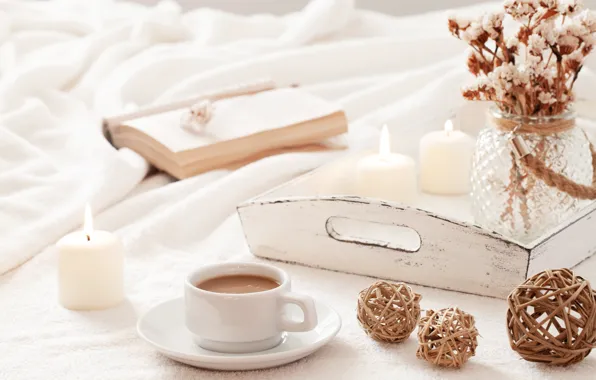 Comfort, coffee, the evening, book, tray, Roman Osadchiy