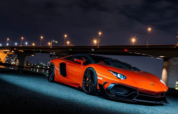 Picture Lamborghini, Orange, Bridge, Lights, Night, Aventador, VAG
