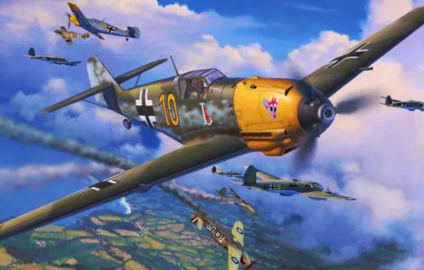 Picture war, art, airplane, painting, aviation, ww2, Messerschmitt Bf 109 E-4