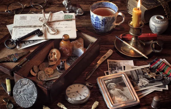 Tea, things, watch, skull, candle, key, glasses, knife