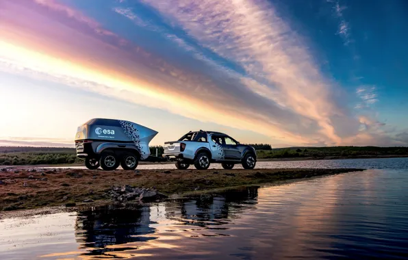 Picture water, sunset, shore, Nissan, pickup, the trailer, 2018, Navara