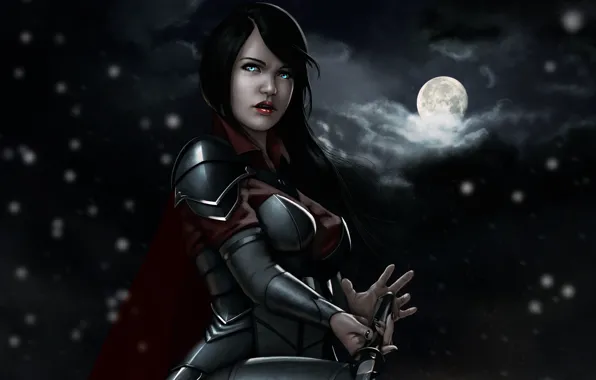 Picture the sky, girl, the full moon, art, snow, night, the moon