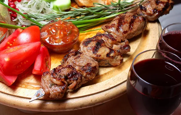 Greens, wine, meat, tomato, kebab, rosemary, adjika