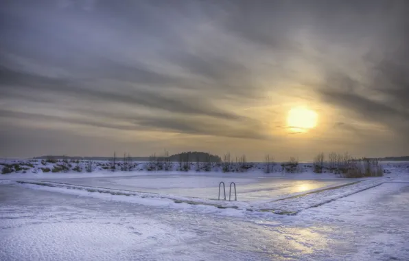 Ice, winter, the sky, the sun, snow, sunset, clouds, lake
