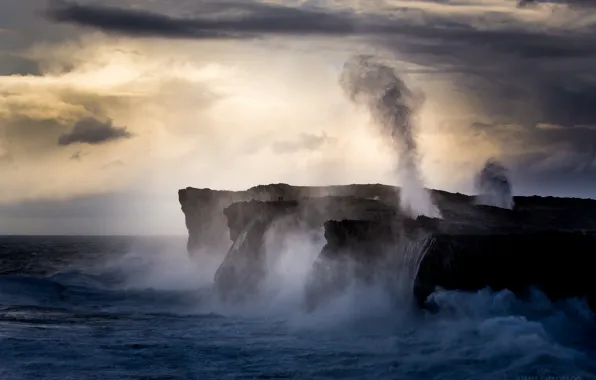 Sea, squirt, storm, rocks, dawn, coast