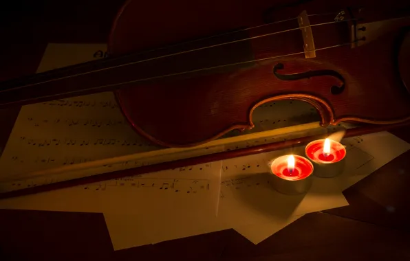 Picture notes, music, violin, candles