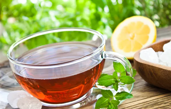 Table, lemon, tea, Cup, sugar, drink, mint, saucer