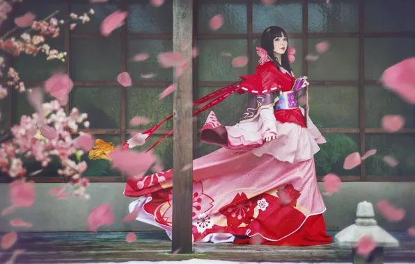 Picture look, girl, flowers, red, pose, style, the wind, red