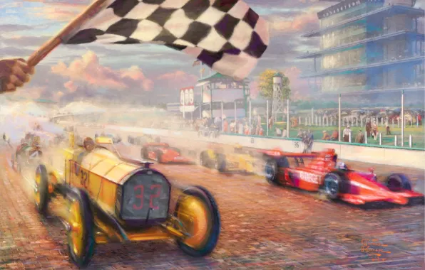 Machine, speed, flag, race, painting, cars, race, Thomas Kinkade