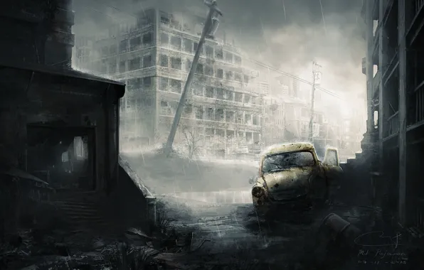 Machine, the city, rain, the skeleton, art, ruins, postapokalipsis