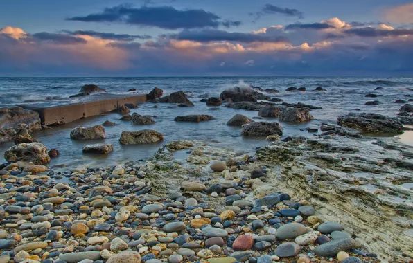 Sea, the sky, clouds, sunset, stones, pierce, pebbles