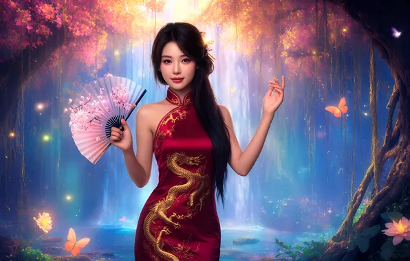 Forest, girl, butterfly, nature, fireflies, fantasy, dragon, waterfall