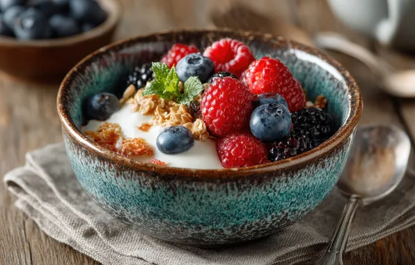 Berries, raspberry, table, Breakfast, blueberries, spoon, bowl, cream