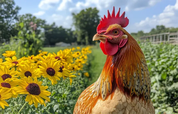 Field, summer, look, trees, sunflowers, flowers, bird, portrait