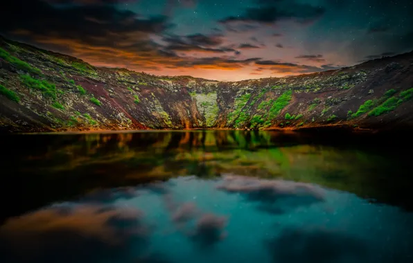 Picture the sky, stars, mountains, reflection, the evening, twilight, Iceland, pond