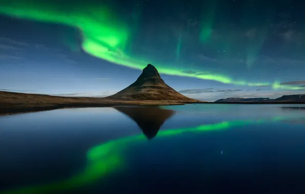 The sky, stars, night, mountain, Northern lights, Iceland, the fjord, Kirkjufell